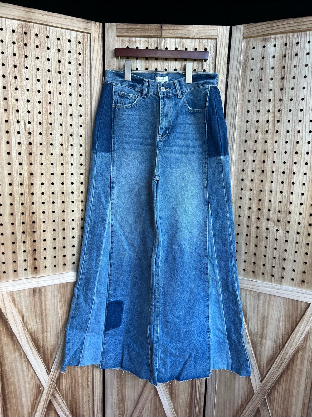 Patchwork Blue Denim Wide-Leg Maxi Skirt - Women Jeans Flare